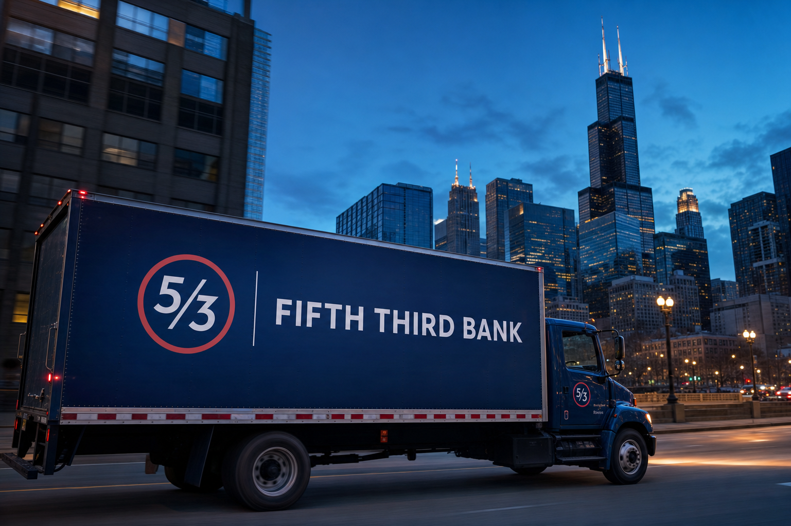 A Fifth Third Bank-branded blue truck wrapped with the brand mark, photographed on a downtown Cincinnati street.