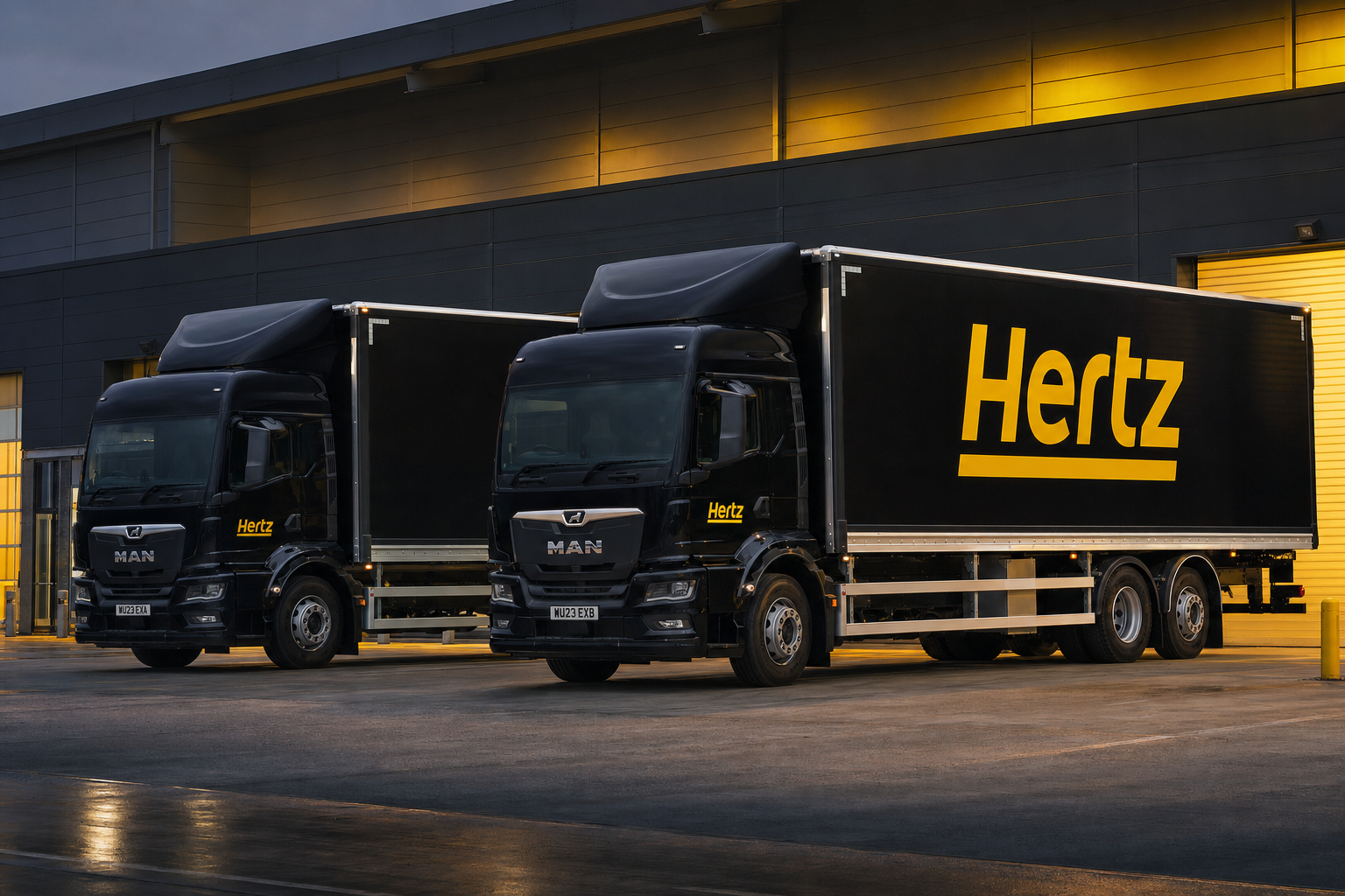 A line of Hertz-branded black box trucks with the brand's yellow accent, ready for deployment.