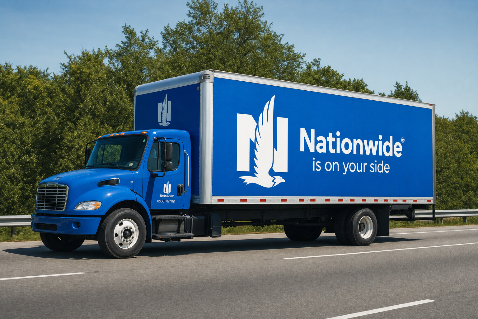 A Nationwide Insurance-branded truck wrapped in the brand's signature blue with the &lsquo;Nationwide is on your side&rsquo; tagline.
