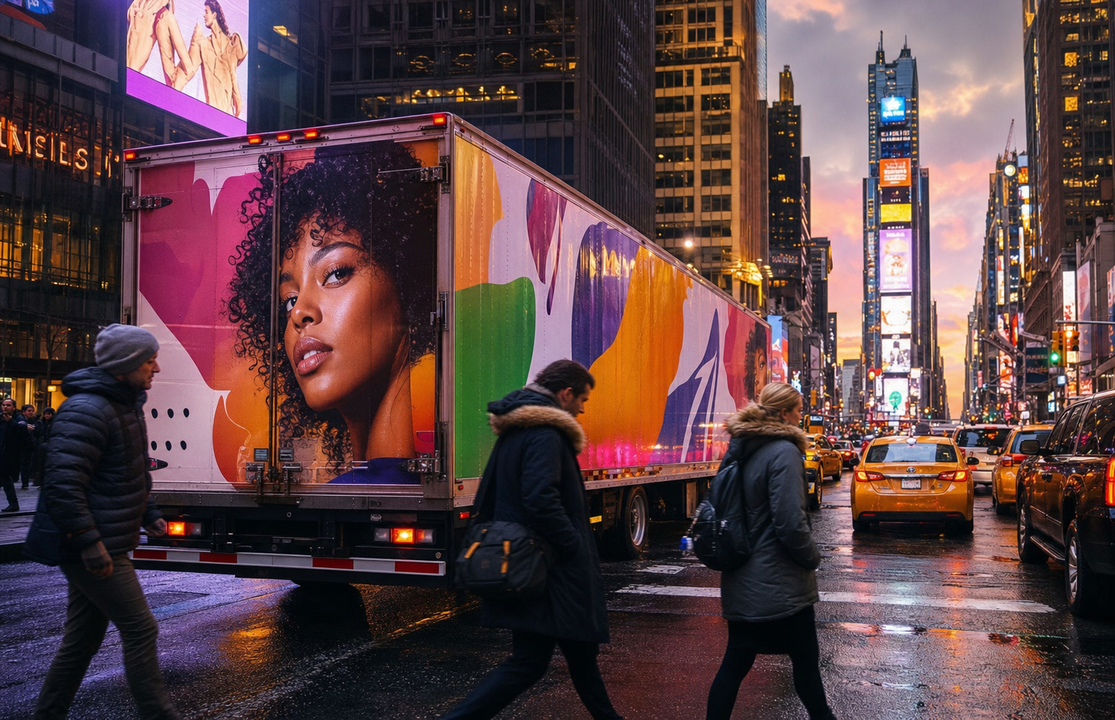 Wrapped Advertising Wheels truck threading a dense urban corridor.