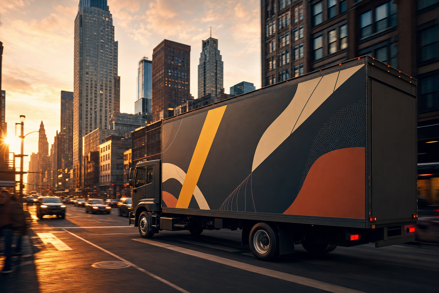 A wrapped Advertising Wheels truck moving through a downtown corridor at sunset.